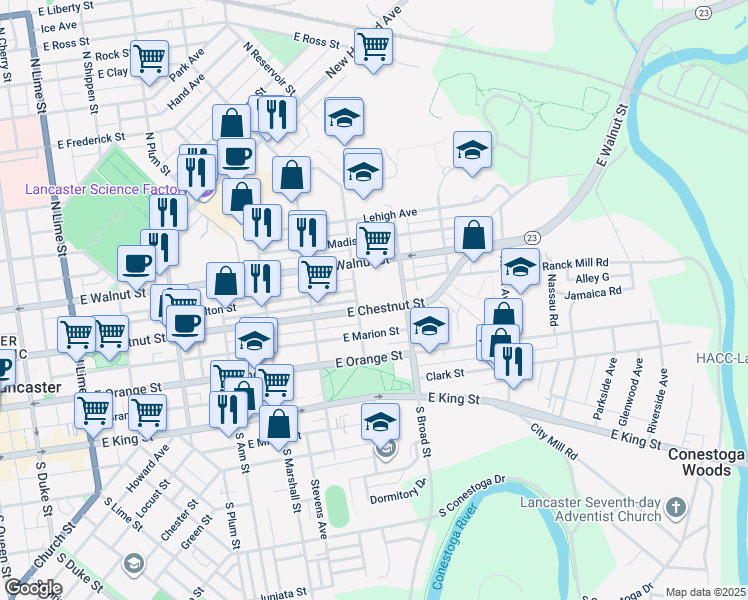 map of restaurants, bars, coffee shops, grocery stores, and more near 843 East Marion Street in Lancaster