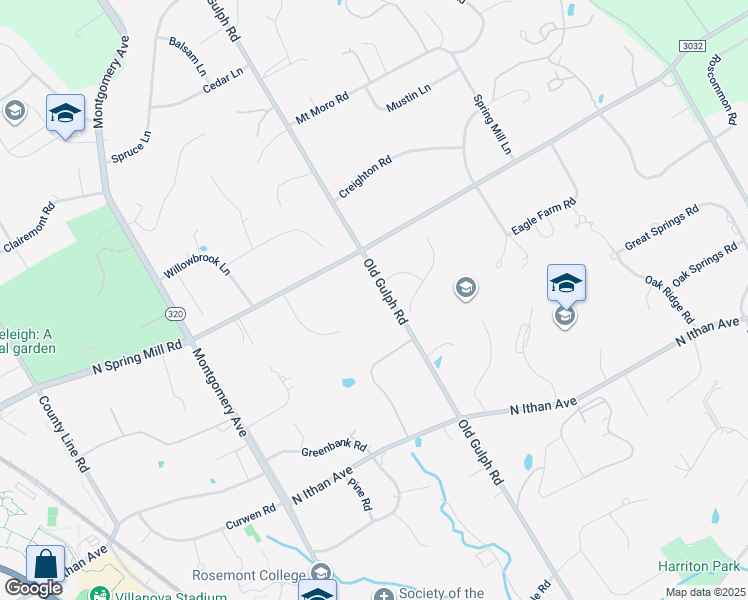 map of restaurants, bars, coffee shops, grocery stores, and more near 1424 Old Gulph Road in Villanova