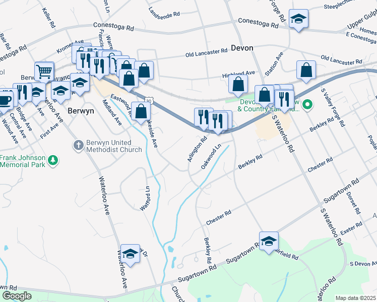 map of restaurants, bars, coffee shops, grocery stores, and more near 26 Arlington Road in Devon