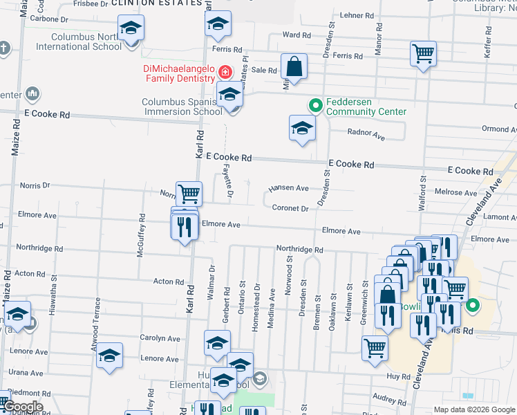 map of restaurants, bars, coffee shops, grocery stores, and more near 1546 Elmore Avenue in Columbus
