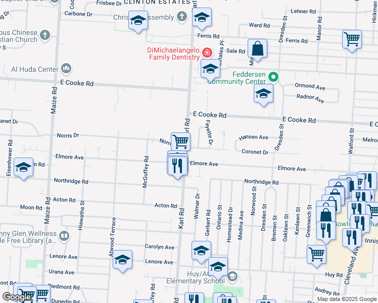 map of restaurants, bars, coffee shops, grocery stores, and more near 3738 Karl Road in Columbus