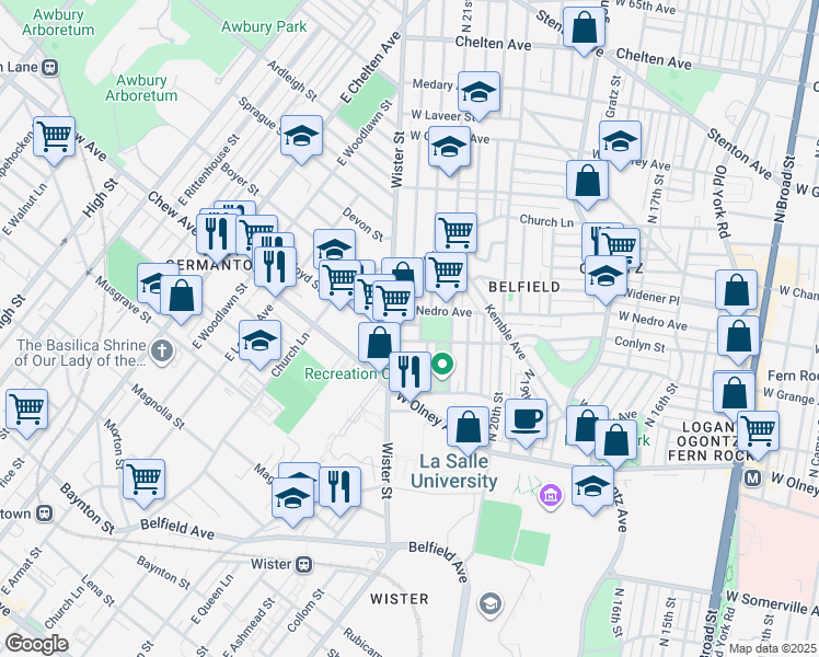 map of restaurants, bars, coffee shops, grocery stores, and more near 2152 West Grange Avenue in Philadelphia