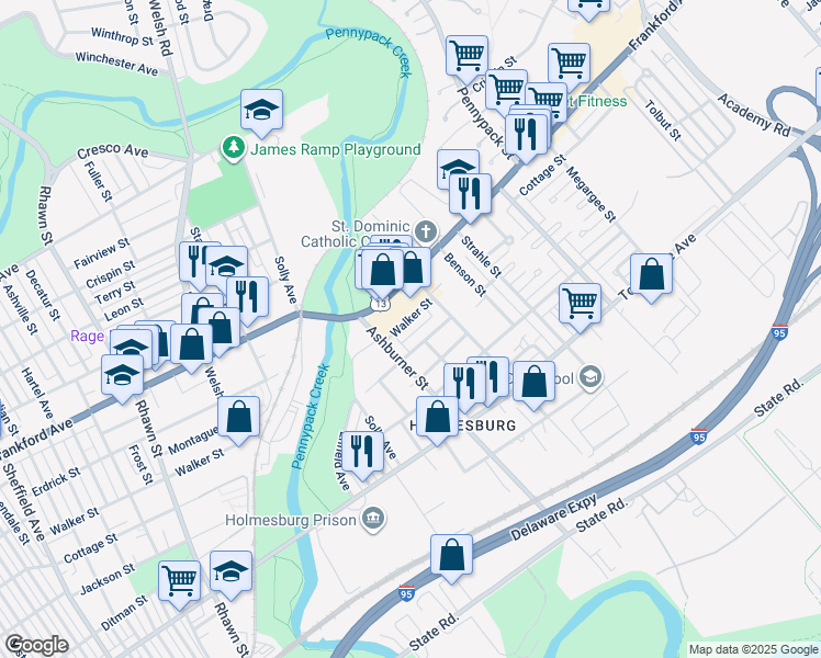 map of restaurants, bars, coffee shops, grocery stores, and more near 8429 Walker Street in Philadelphia