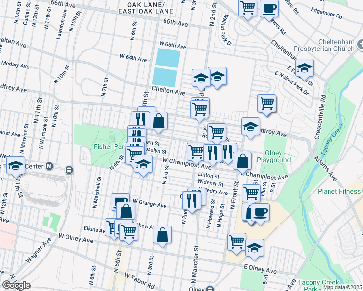 map of restaurants, bars, coffee shops, grocery stores, and more near 6051 North American Street in Philadelphia