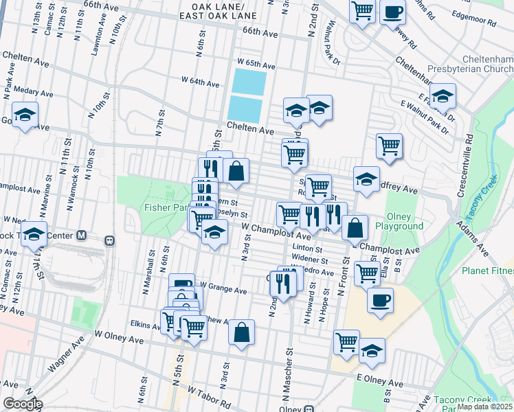 map of restaurants, bars, coffee shops, grocery stores, and more near 6045 North 3rd Street in Philadelphia