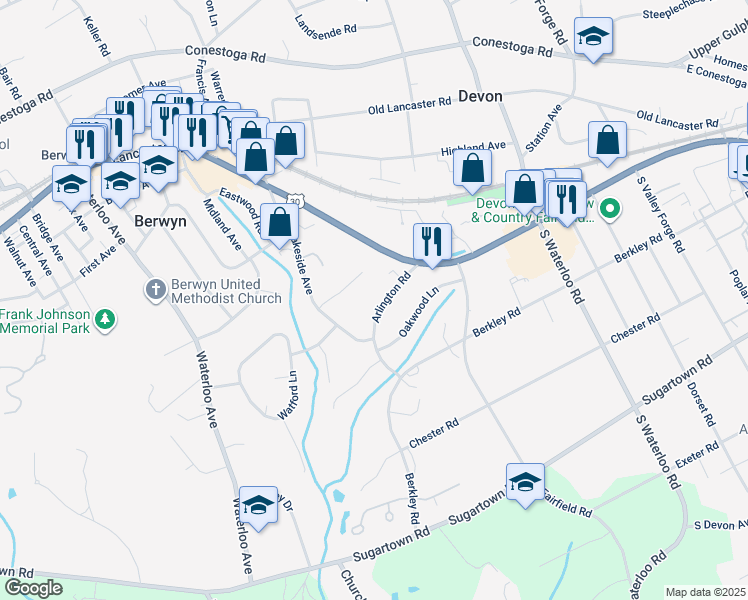 map of restaurants, bars, coffee shops, grocery stores, and more near 26 Arlington Road in Devon