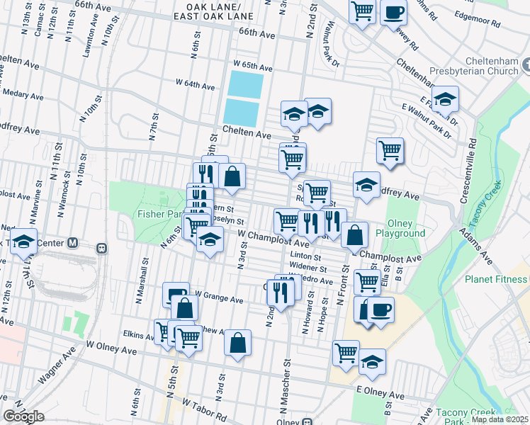 map of restaurants, bars, coffee shops, grocery stores, and more near 6051 North American Street in Philadelphia