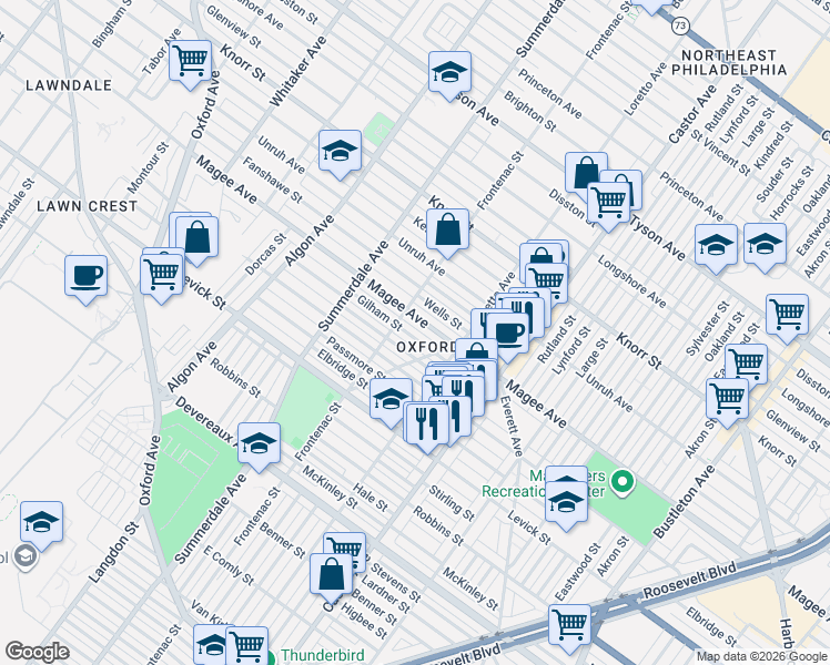 map of restaurants, bars, coffee shops, grocery stores, and more near 1337 Greeby Street in Philadelphia
