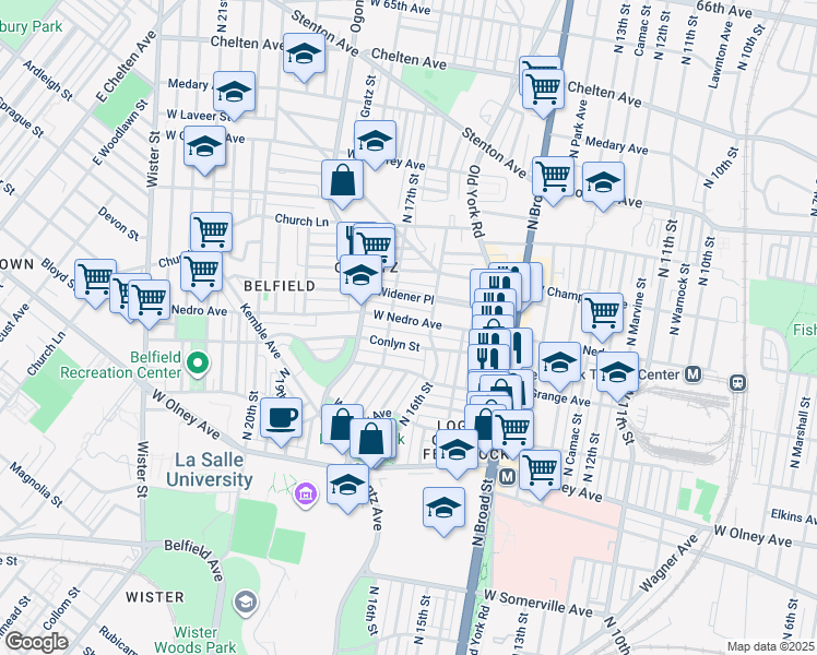 map of restaurants, bars, coffee shops, grocery stores, and more near 1622 West Nedro Avenue in Philadelphia