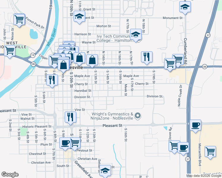map of restaurants, bars, coffee shops, grocery stores, and more near 399 South 14th Street in Noblesville