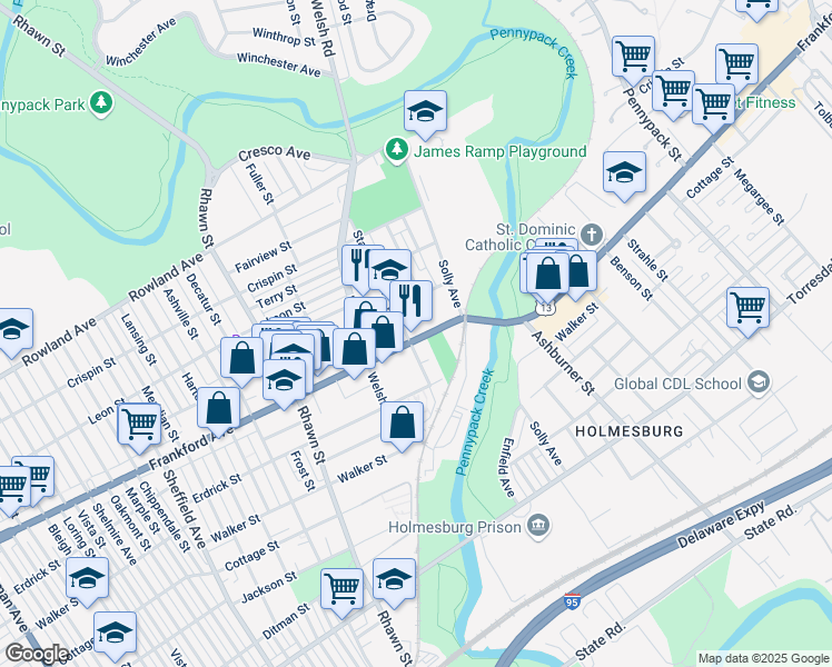 map of restaurants, bars, coffee shops, grocery stores, and more near 8137 Frankford Avenue in Philadelphia
