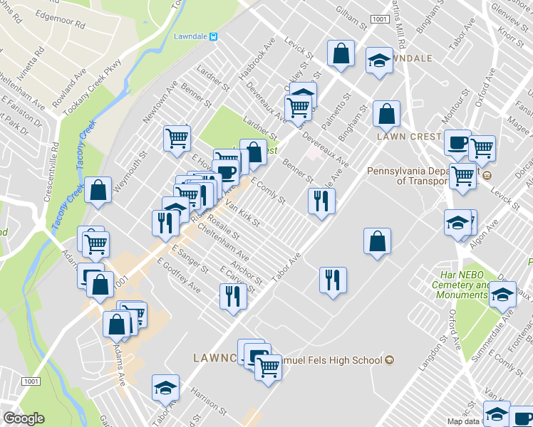 map of restaurants, bars, coffee shops, grocery stores, and more near 5927 Palmetto Street in Philadelphia