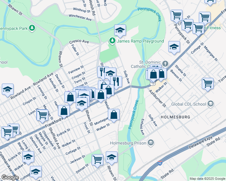 map of restaurants, bars, coffee shops, grocery stores, and more near 8134 Frankford Avenue in Philadelphia