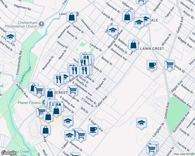 map of restaurants, bars, coffee shops, grocery stores, and more near 5927 Palmetto Street in Philadelphia