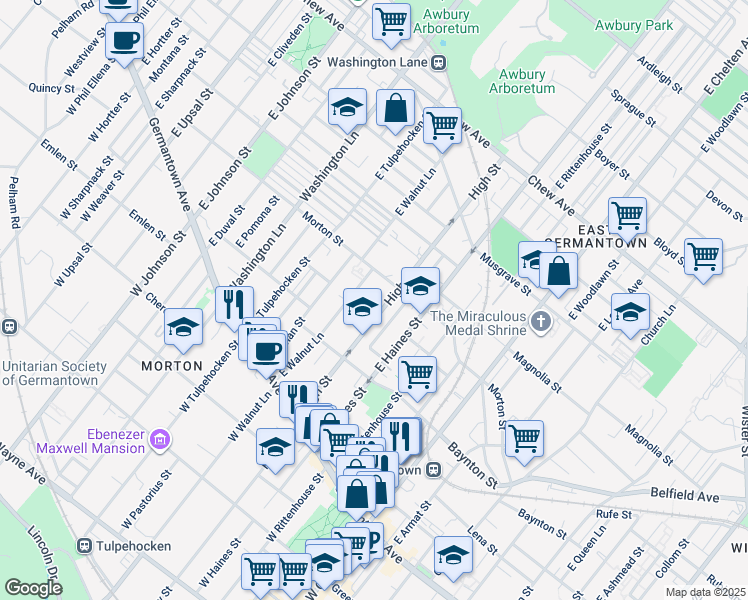 map of restaurants, bars, coffee shops, grocery stores, and more near 337 East High Street in Philadelphia
