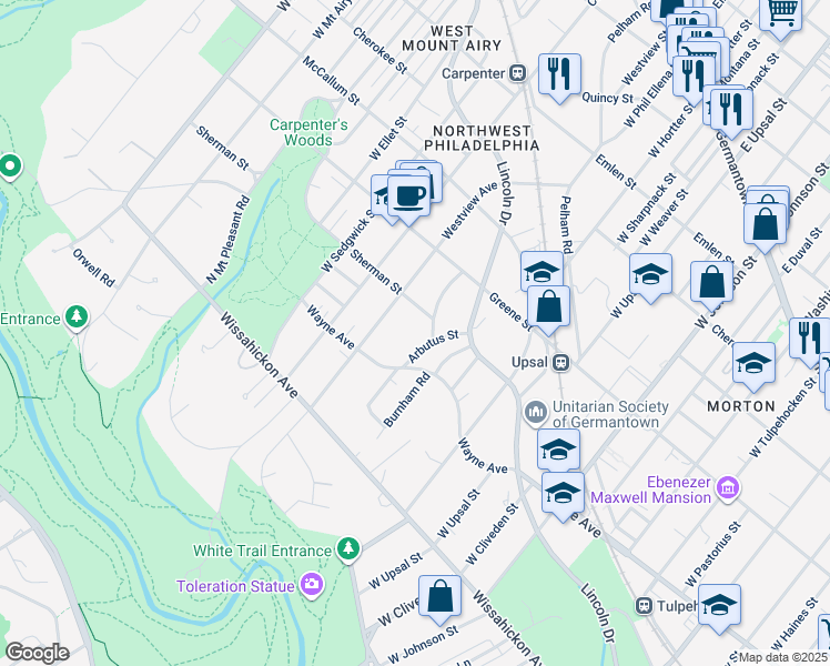 map of restaurants, bars, coffee shops, grocery stores, and more near 525 Arbutus Street in Philadelphia