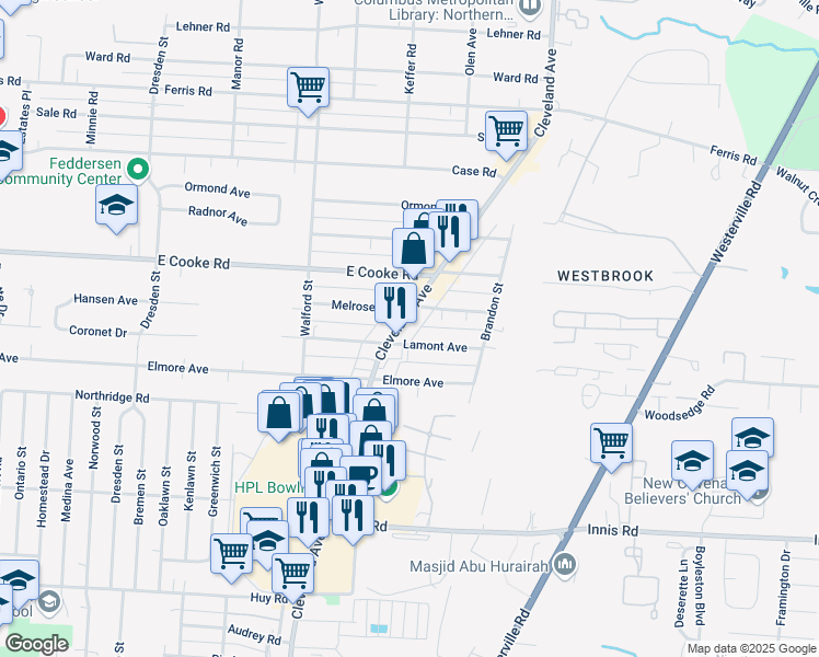 map of restaurants, bars, coffee shops, grocery stores, and more near 3688 Cleveland Avenue in Columbus