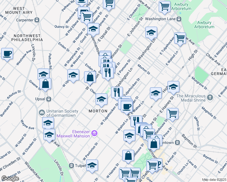 map of restaurants, bars, coffee shops, grocery stores, and more near Germantown Ave & W Washington Ln in Philadelphia