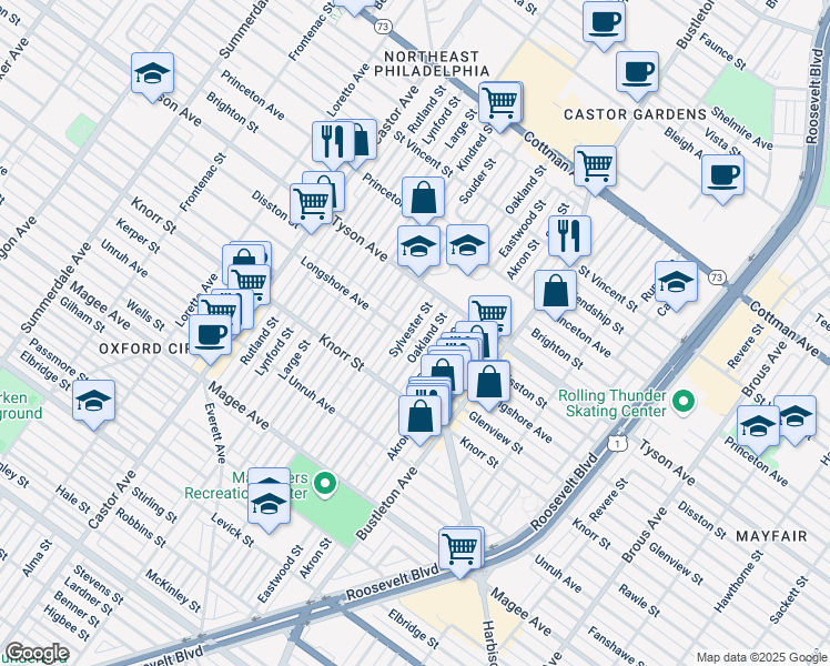 map of restaurants, bars, coffee shops, grocery stores, and more near 6848 Eastwood Street in Philadelphia