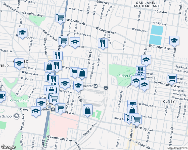 map of restaurants, bars, coffee shops, grocery stores, and more near 5915 North 10th Street in Philadelphia