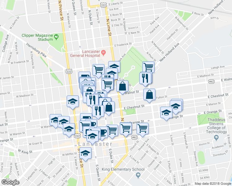 map of restaurants, bars, coffee shops, grocery stores, and more near 304 North Lime Street in Lancaster
