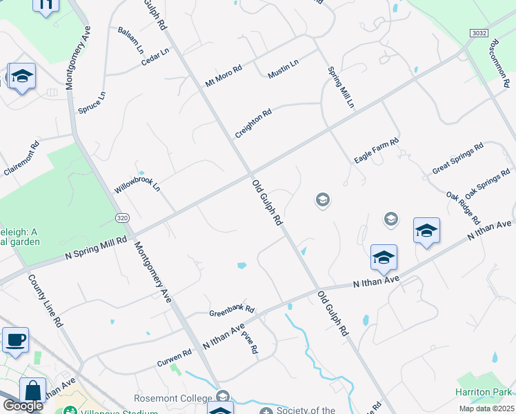 map of restaurants, bars, coffee shops, grocery stores, and more near 1424 Old Gulph Road in Villanova