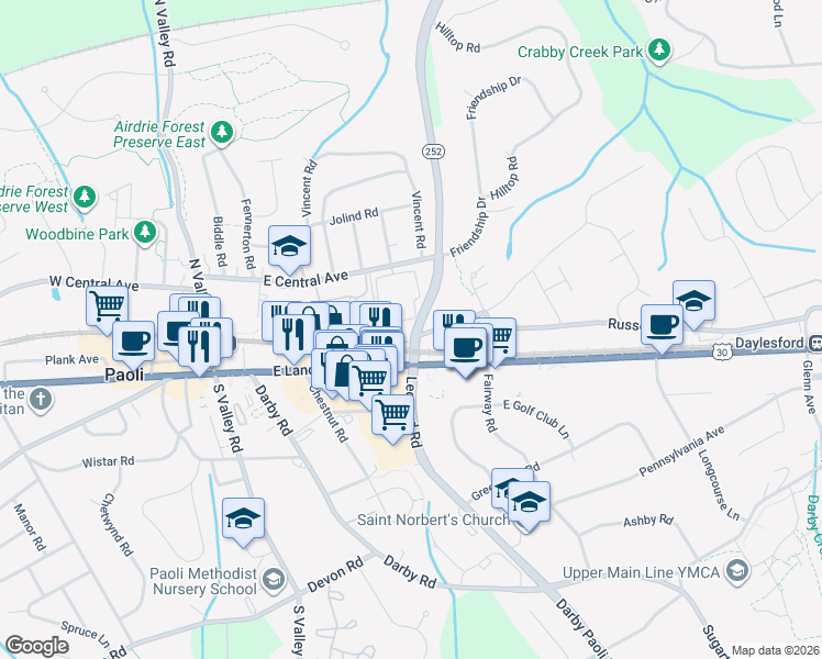 map of restaurants, bars, coffee shops, grocery stores, and more near 517 Paoli Pointe Drive in Paoli