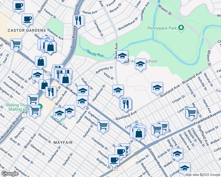 map of restaurants, bars, coffee shops, grocery stores, and more near 3118 Nesper Street in Philadelphia