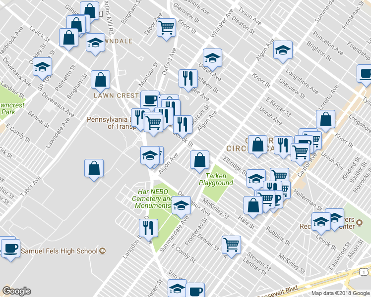 map of restaurants, bars, coffee shops, grocery stores, and more near 6339 Algon Avenue in Philadelphia