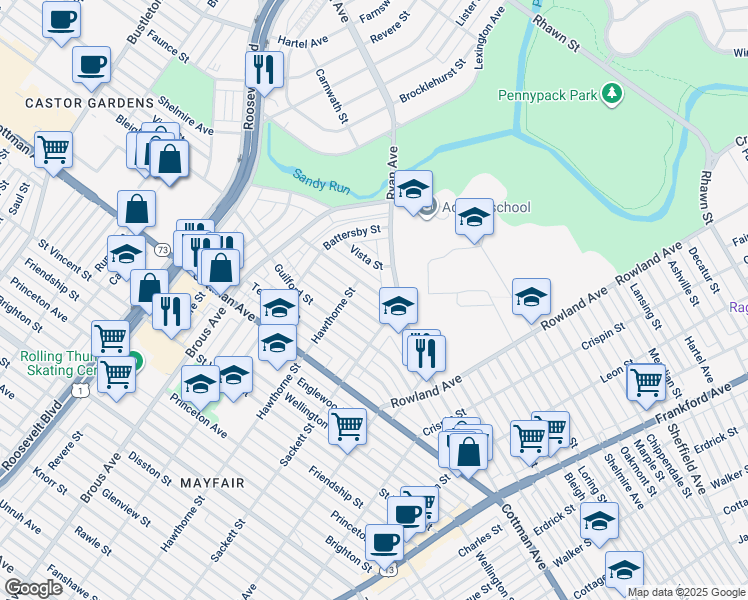 map of restaurants, bars, coffee shops, grocery stores, and more near 3118 Nesper Street in Philadelphia