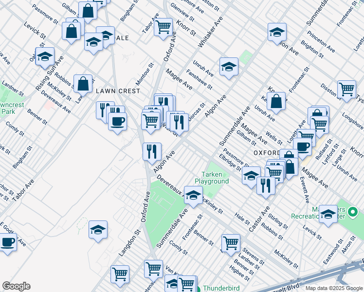 map of restaurants, bars, coffee shops, grocery stores, and more near 6401 Dorcas Street in Philadelphia