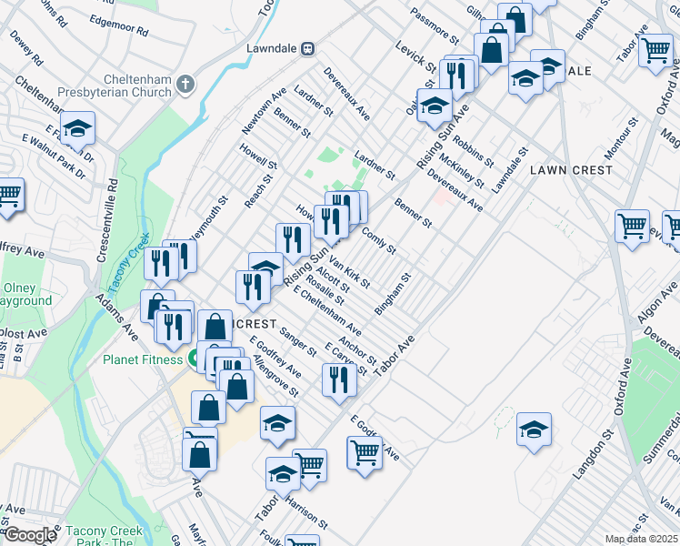map of restaurants, bars, coffee shops, grocery stores, and more near 542 Van Kirk Street in Philadelphia