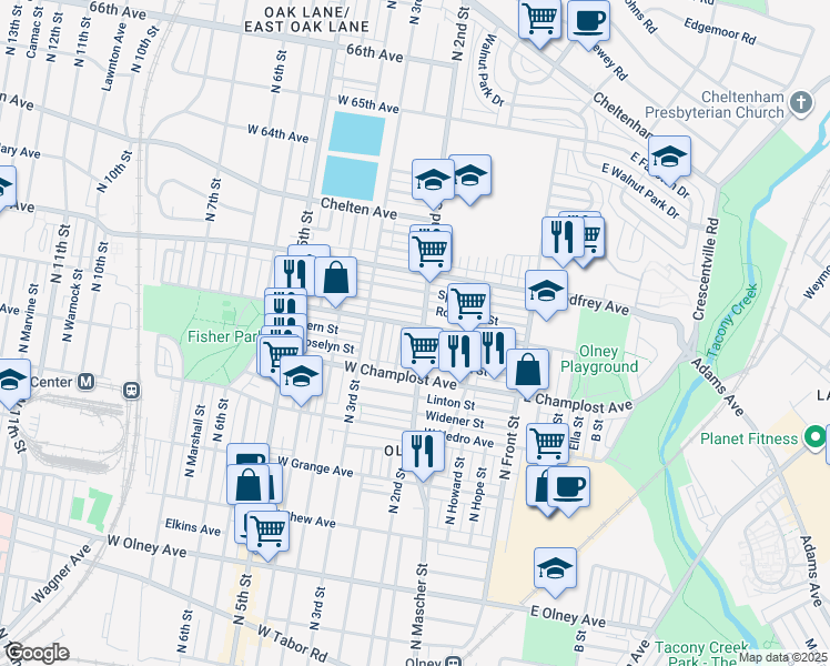 map of restaurants, bars, coffee shops, grocery stores, and more near 6060 North 2nd Street in Philadelphia