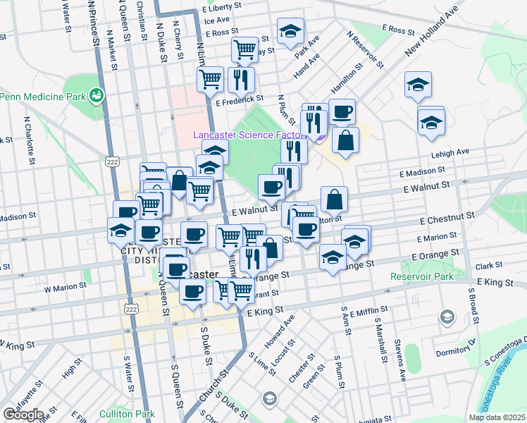 map of restaurants, bars, coffee shops, grocery stores, and more near 231 North Shippen Street in Lancaster
