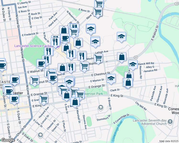 map of restaurants, bars, coffee shops, grocery stores, and more near 742 East Fulton Street in Lancaster