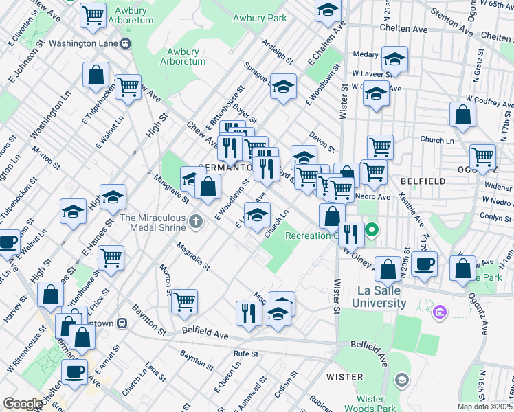 map of restaurants, bars, coffee shops, grocery stores, and more near 724 East Locust Avenue in Philadelphia