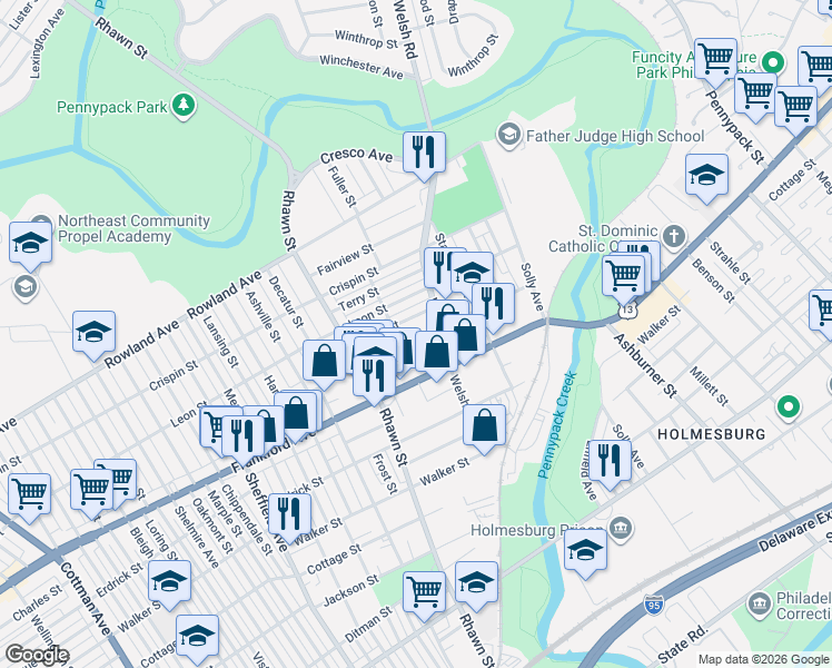 map of restaurants, bars, coffee shops, grocery stores, and more near 8072 Craig Street in Philadelphia