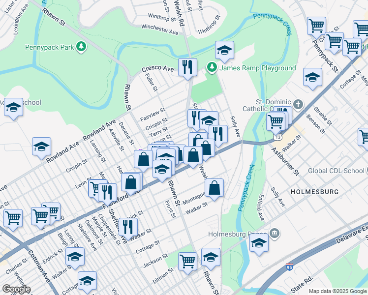 map of restaurants, bars, coffee shops, grocery stores, and more near 8072 Craig Street in Philadelphia