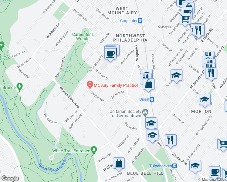 map of restaurants, bars, coffee shops, grocery stores, and more near 705 West Phil Ellena Street in Philadelphia