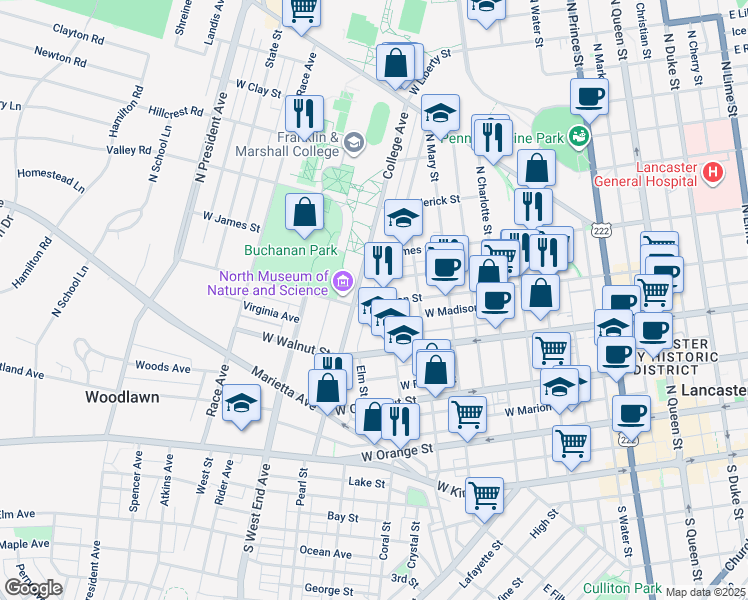 map of restaurants, bars, coffee shops, grocery stores, and more near 617 West Lemon Street in Lancaster