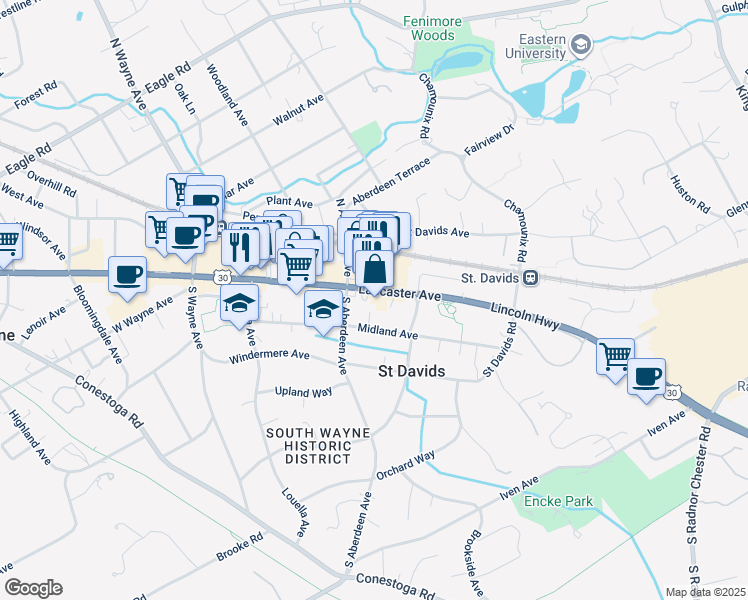 map of restaurants, bars, coffee shops, grocery stores, and more near 319 East Lancaster Avenue in Wayne