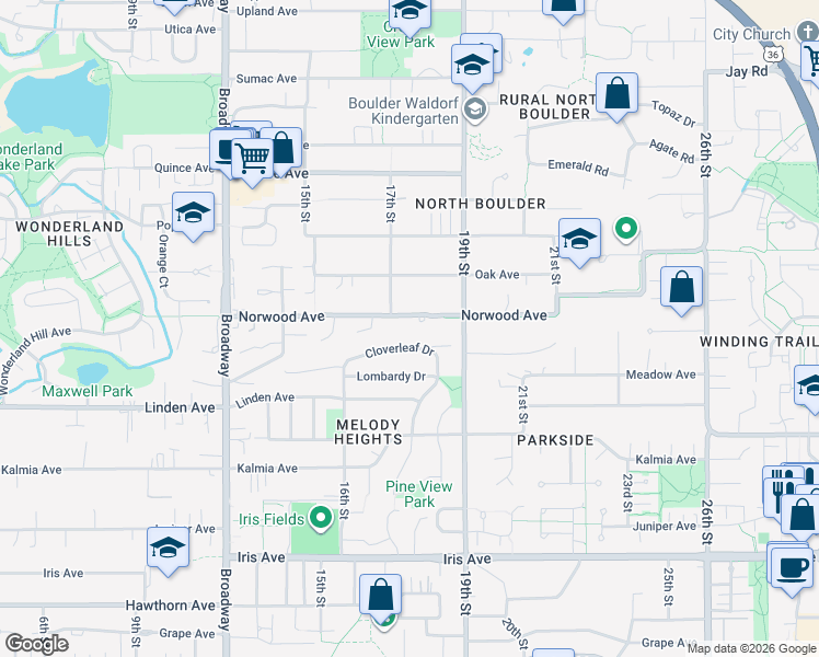 map of restaurants, bars, coffee shops, grocery stores, and more near 1775 Norwood Avenue in Boulder