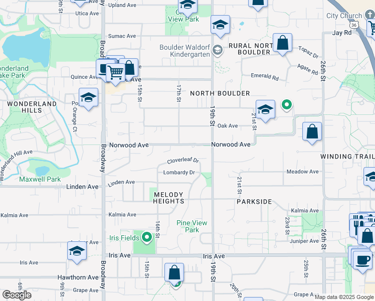 map of restaurants, bars, coffee shops, grocery stores, and more near 1775 Norwood Avenue in Boulder