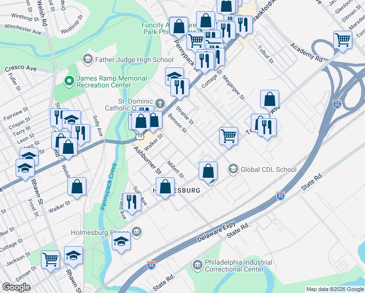 map of restaurants, bars, coffee shops, grocery stores, and more near 4500 Benson Street in Philadelphia