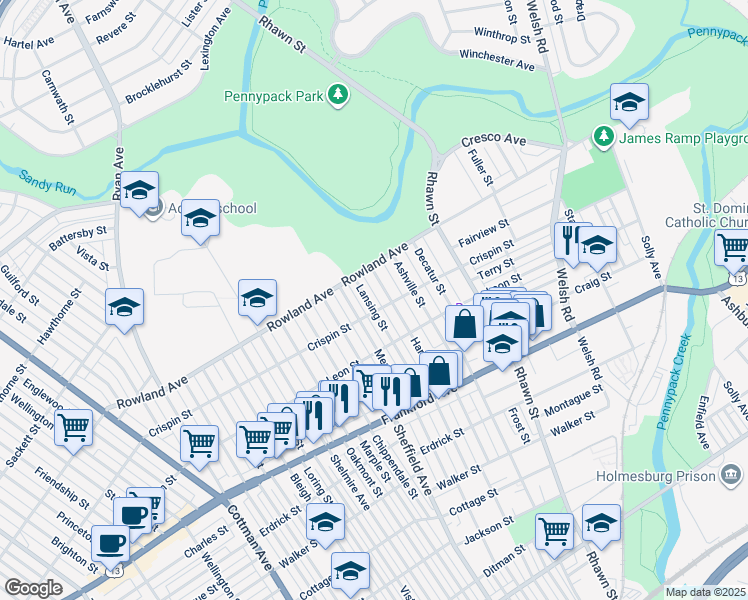 map of restaurants, bars, coffee shops, grocery stores, and more near 3337 Lansing Street in Philadelphia