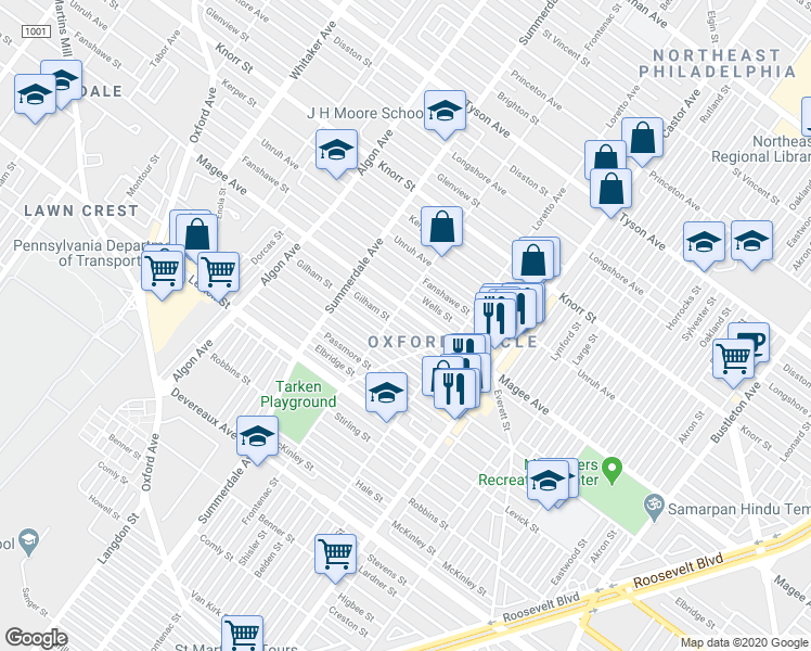 map of restaurants, bars, coffee shops, grocery stores, and more near 1304 Wells Street in Philadelphia