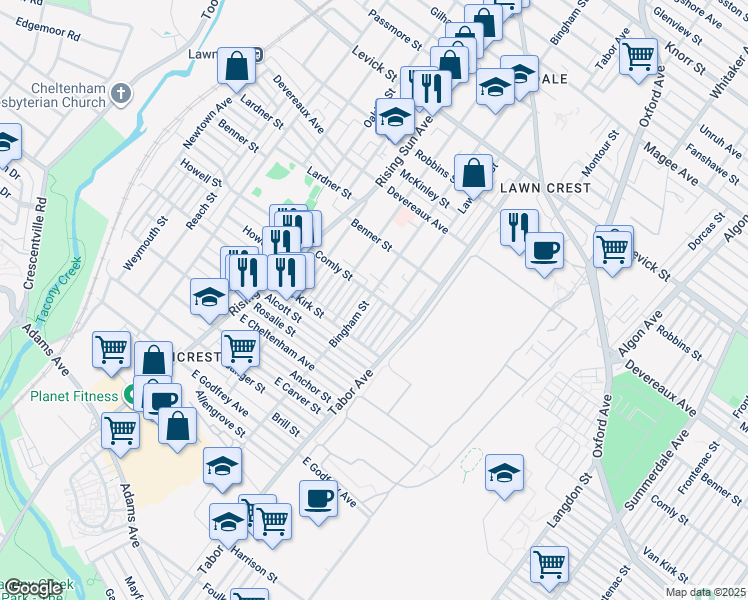 map of restaurants, bars, coffee shops, grocery stores, and more near 5963 Bingham Street in Philadelphia