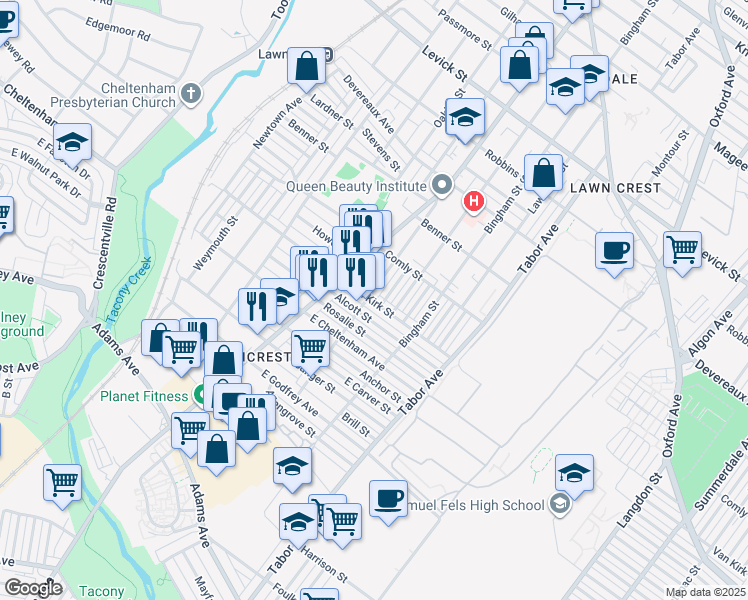 map of restaurants, bars, coffee shops, grocery stores, and more near 5918 Rising Sun Avenue in Philadelphia