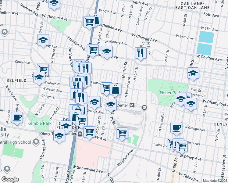 map of restaurants, bars, coffee shops, grocery stores, and more near 6001 North 12th Street in Philadelphia