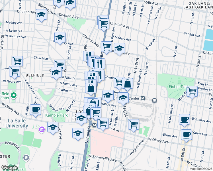 map of restaurants, bars, coffee shops, grocery stores, and more near 5919 North Park Avenue in Philadelphia